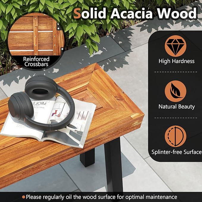 RELAX4LIFE 60’’ Outdoor Bench Acacia Wood, 3-Person Backless Patio Benches with Heavy Duty Metal Frame, Wooden Picnic Dining Garden Bench for Outside Backyard Park Porch, 800 LBS Weight Capacity