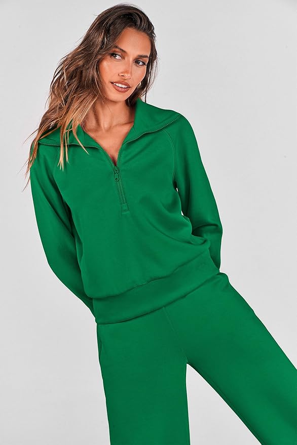 PRETTYGARDEN Women's 2 Piece Outfits Casual Lapel Half Zip Sweatshirts and Wide Leg Pants Tracksuit Sets