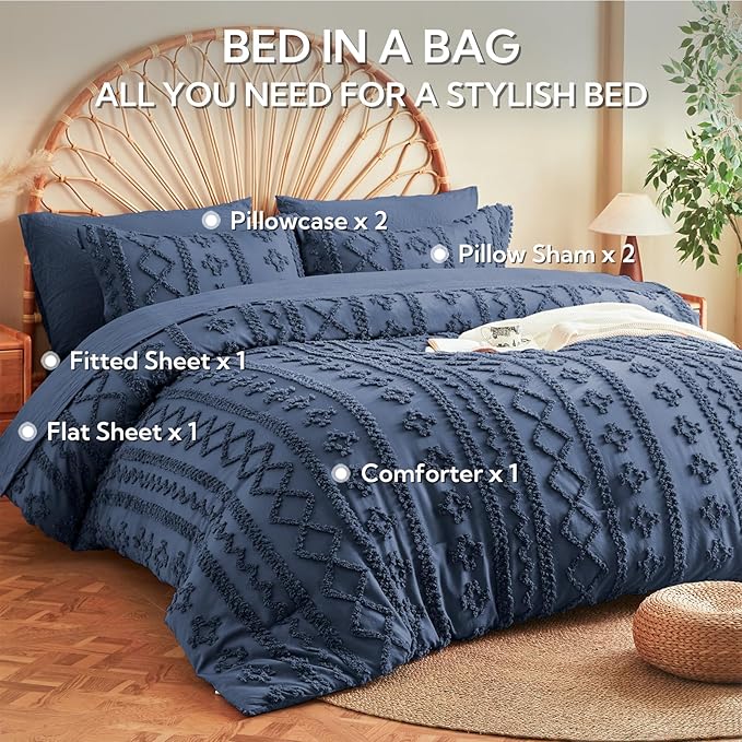 MR&HM Queen Comforter Set Navy Blue, 7 Pieces Tufted Boho Beddding Sets, Farmhouse Style Bed in a Bag with 1 Comforter, 2 Pillow Shams, 2 Pillowcases, 1 Flat Sheet, 1 Fitted Sheet for All Seasons