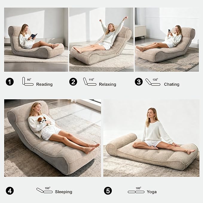 Lazy Floor Bed 83" – Extra Comfy Sleeper Chaise Lounge Chair Indoor, Adjustable Recliner Floor Lounger, Plush Futon Chair Bed for Yoga, Gaming, Meditation & Reading Nook (Recliner, Camel)