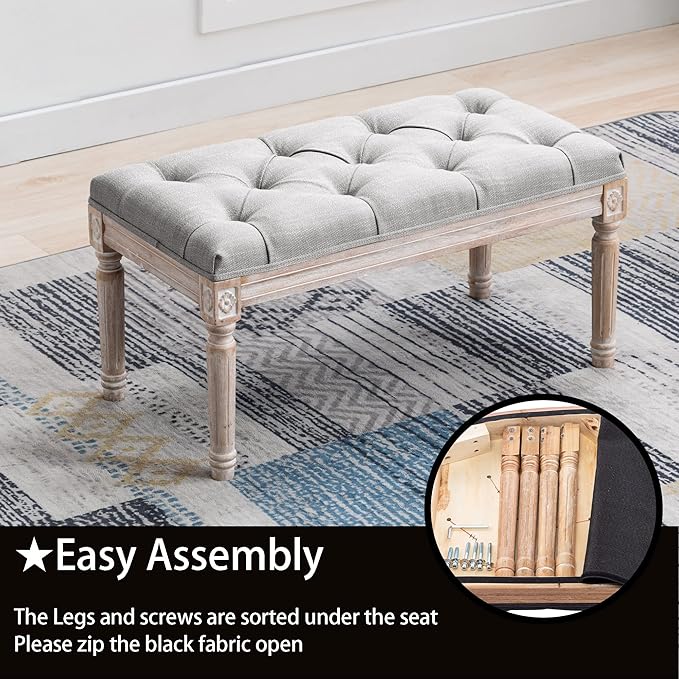 DM Furniture Ottoman Bench Upholstered Fabric Rectangle Entryway Bench, Tufted Piano Bench for 2 People, Rubber Wood Legs with Beautiful Carved Pattern for Bedroom/Living Room/Dining Room (Grey)