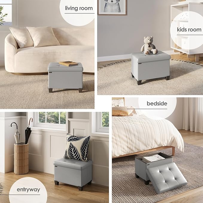 Storage Ottoman Cube with Small Bin, 16-in Square Ottoman with Storage for Living Room and Bedroom, Small Ottomans Foot Rest, Faux Leather Foot Stools Ottomans Max 330lbs, Light Grey
