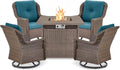 ACTREST Outdoor Patio Swivel Gliders with Fire Pit Table 5 Piece Set - High Back Brown Wicker Rattan Rocking Chair with Thick Cushion for Porch Apartment Deck Yard Poolside Garden - Peacock Blue