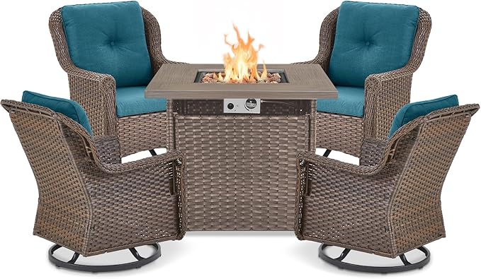 ACTREST Outdoor Patio Swivel Gliders with Fire Pit Table 5 Piece Set - High Back Brown Wicker Rattan Rocking Chair with Thick Cushion for Porch Apartment Deck Yard Poolside Garden - Peacock Blue