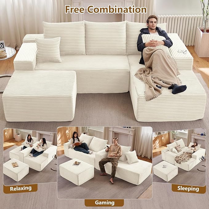 Lakifun 107" U-Shape Cloud Couch, Modern Modular Sectional Comfy L-Shape Sofa with Ottoman, Deep Seat, Upholstered Corduroy Sleeper Chaise Longue for Living Room Bedroom, No Assembly Required, White