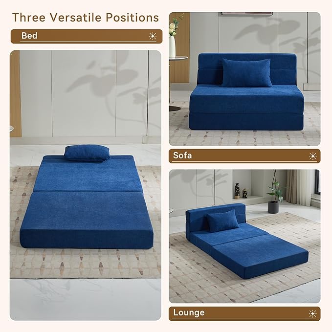 Folding Sofa Bed Convertible Floor Couch Foldable Chair Bed with Pillow，Linen Sleeper Chair Futon,Foldable Memory Foam Mattress for Bedroom/Living Room/Dorm/Office (Navy, Standard)