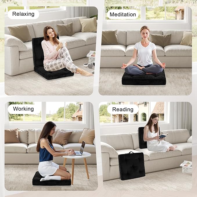 PRIMEPATIO Square Floor Pillow for Adults, Tufted Floor Cushion for Sitting, Large Meditation Cushion, Thick Corduroy Seat with Handle, Tatami Seating for Yoga, 22x22 Inch Black, 1Pack