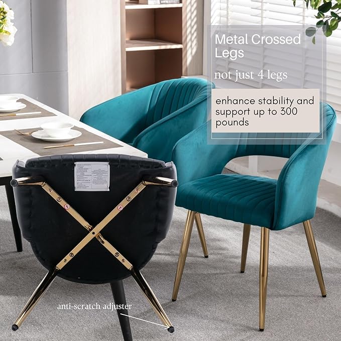 COMULER Teal Velvet Dining Chairs Gold Legs, Modern Dining Room Chairs with Arms Set of 6 Upholstered Accent Chair Armchair with Barrel Back for Kitchen Living Room