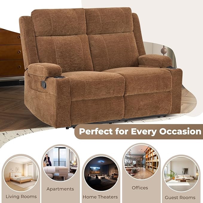 PALLOME Manual Reclining Loveseat Sofa, 2-Seater Recliner Couch with Cup Holders, Fabric Reclining Sofa for Living Room/RV (Brown)