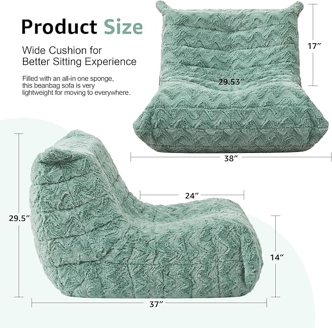Bean Bag Chairs for Adults Giant Bean Bag Chair Memory Foam BeanBag Chair Bean Bag Sofa with Filler Faux Fur Fireside Beanbags Lazy Sofa for Living Room Bedroom Office (Green Chevron, Single)