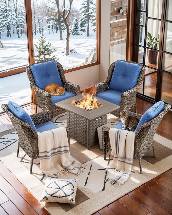 ACTREST Patio Wicker Chairs Outdoor Furniture Chair - Set of 4 Outside All Weather Lawn Dining Brown Rattan Armchair with High Back&Deep Seating for Deck Porch Balcony Backyard Garden - Navy Blue