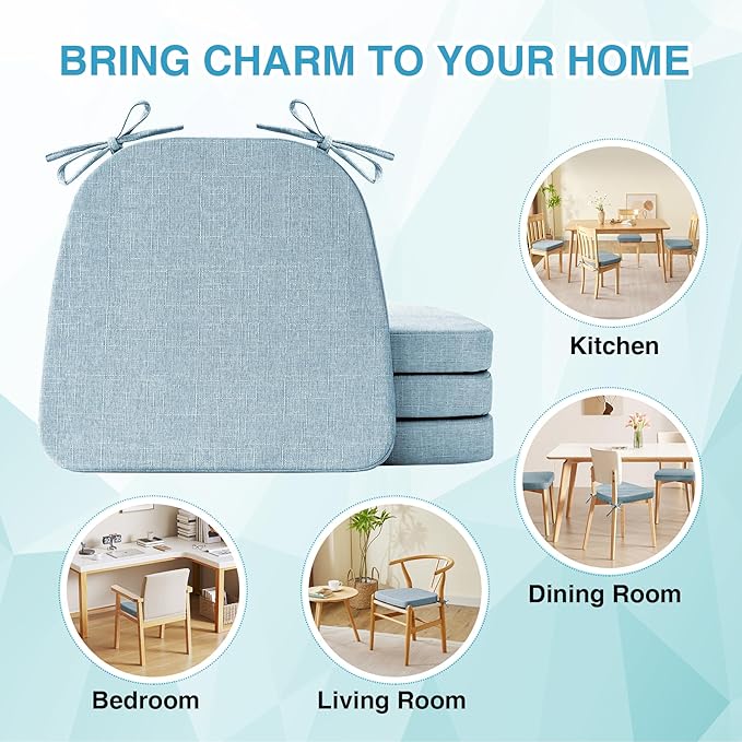Chair Cushions for Dining Chairs Set of 4, Non Slip Kitchen Chair Pads, 17" x 16" x 2", Indoor Dining Chair Cushions with Ties, D-Shaped Seat Cushions for Kitchen Chairs, Light Blue