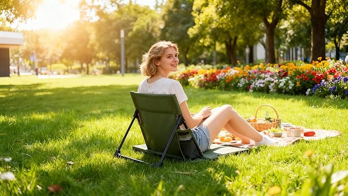 Extra large folding camping backrest with cup holder,Lightweight portable outdoor large chair for beach, park, lawn, and travel,Aluminum frame, comfortable & durable lazy backrest (Olive Green)