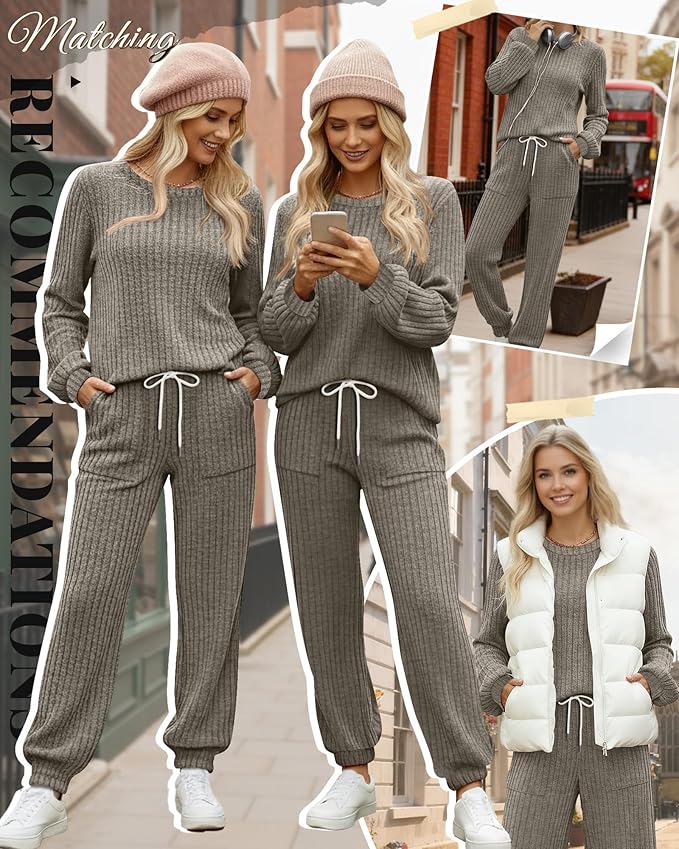 Sweetyweee Women's Ribbed Knit Lounge Sets 2 Piece Outfits Long Sleeve Pajamas Set Loungewear Sweatsuits Fall Pjs with Pocket