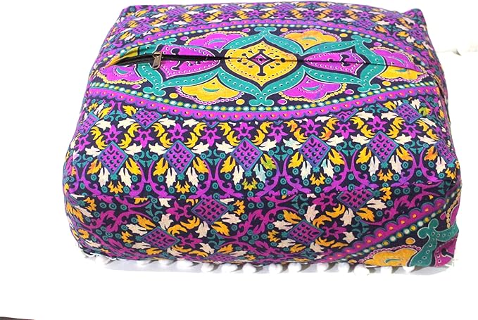 CRAFT KALA Large Hippie Mandala Meditation Floor Ottoman Pillow Cushion Pouf Cover Square Poufs Bohemian Circle Floor Cushion Case Outdoor Fireplace Yoga Living Room Decor Cover New Pink, 16" Square