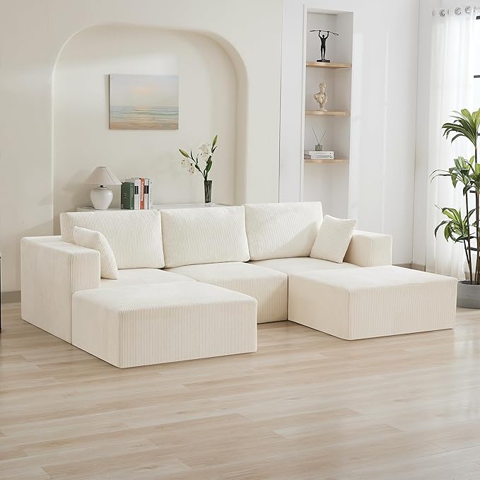 115'' U Shaped Boneless Sofa Couch, 3 Seater Modular Sectional Sofa with 2 Moveable Ottoman, Corduroy Convertible Sleeper Couch with Chaise for Living Room, Beige