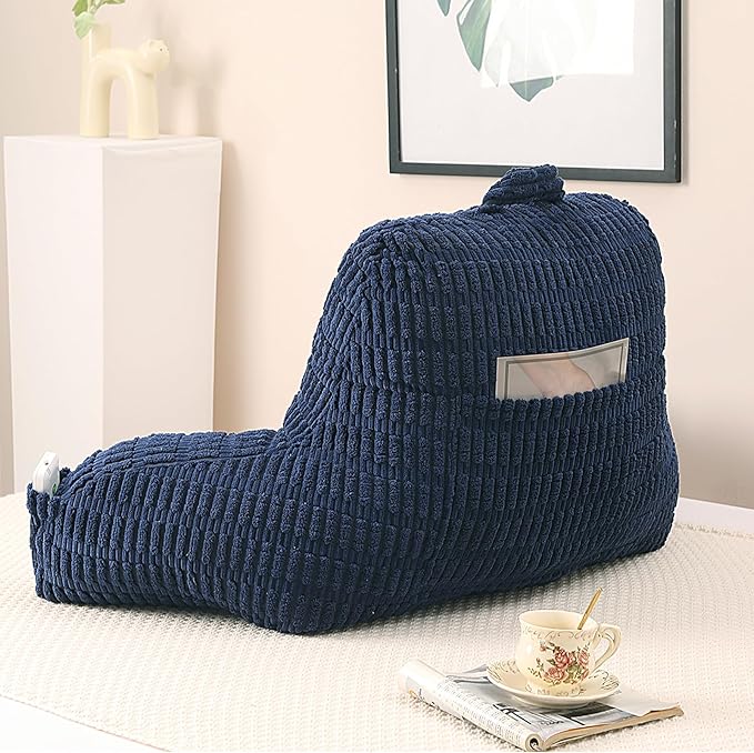 PAJEO Reading Pillow for Sitting in Bed, Large Backrest Reading Pillow with Arm Rest,Back-Rest Support Cushion for Sit Up on Couch, Sofa, and Floor, Dorm Essentials (Dark Blue Corduroy, Standard(17"))