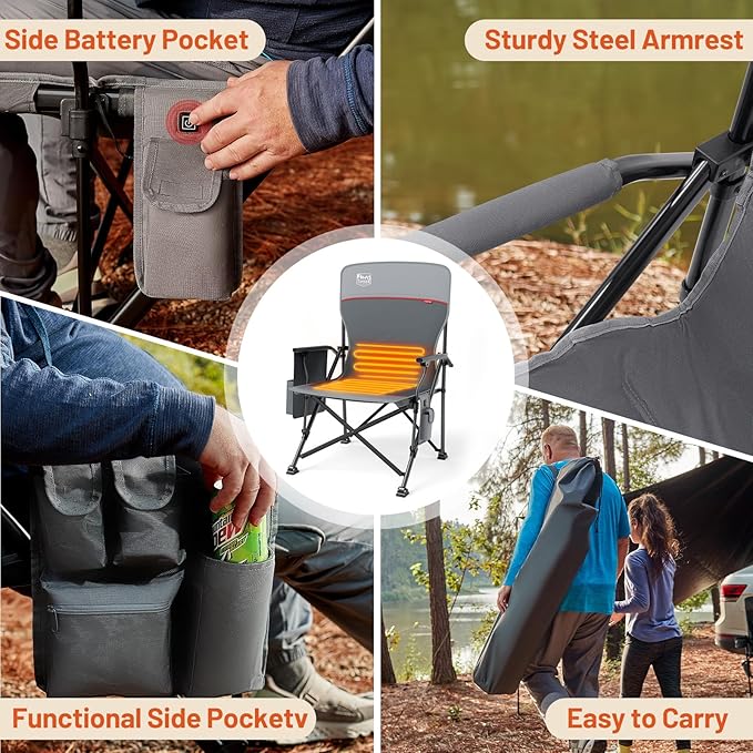 TIMBER RIDGE Oversized Heated Camping Chair for Outdoor Sports, High Back Padded Lawn Chair for Adults Support Up to 500lbs with Cup Holder, Side Pocket(Power Bank not Included)