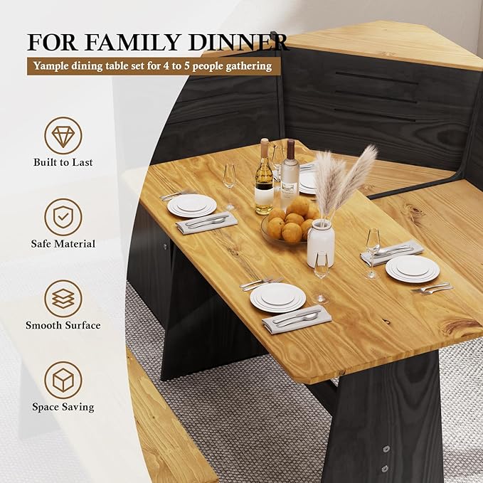 Breakfast Nook Table Set – L-Shaped Corner Dining Bench Set, Kitchen Nook Booth Dining Table, Space-Saving Banquette Seating for Apartment or Dining Room, Modern Black Wood Corner Table Set
