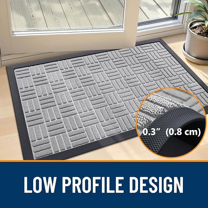 OLANLY Front Door Mat Outside Entrance 59x34, Absorbent, Heavy Duty Sturdy Natural Rubber Doormat Indoor Outdoor, Non-Slip, Stain and Fade Resistant, Low Profile Floor Mat for Entryway, Light Gray