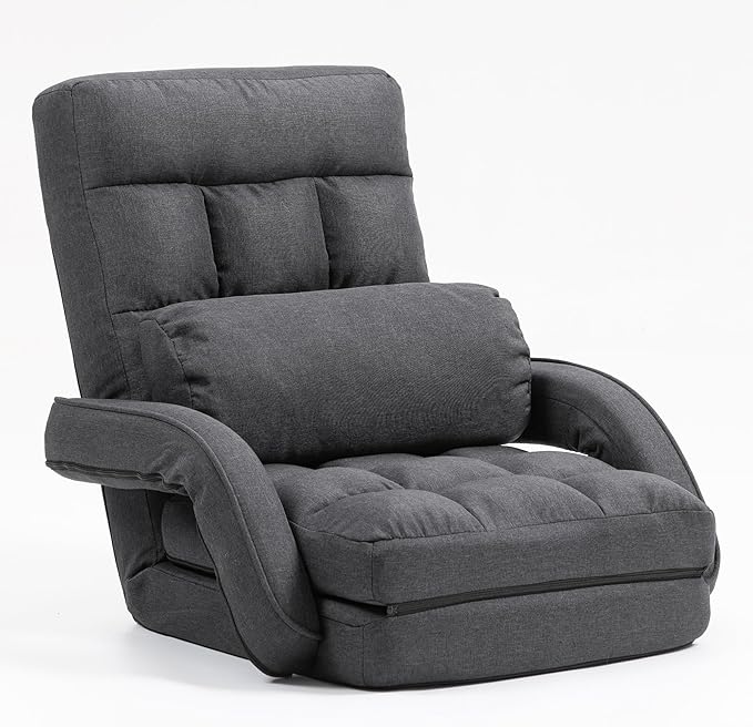 DeeLyan Indoor Floor Chair with Armrest and Pillow Folding Chaise Lounge Sofa 14-Position Adjustable Comfy Gaming Recliner Chair Padded Seats for Adults (Grey)