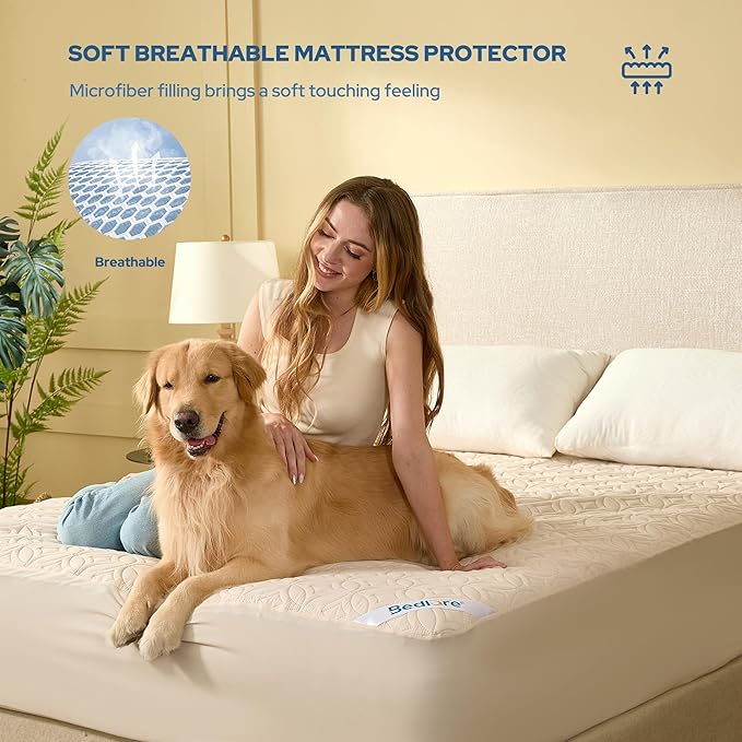 BEDLORE Waterproof Mattress Protector, California King Size Noiseless Mattress Pad with Deep Pocket 6"-18" Depth, Soft Breathable Bed Mattress Cover Washable for Home, Bedroom, Hotel (Beige)