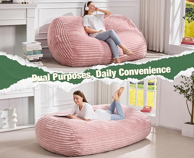 Hobestluk 5FT Bean Bag Chairs Adult Bean Bag with Portable Handle Comfy Large Bean Bag Lounge Chair with Removable Cover for Living Room Bedroom (Stripe Pink, 5FT)