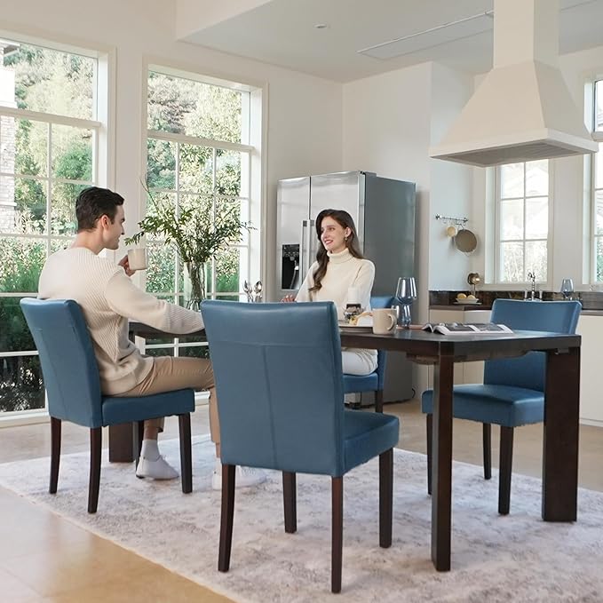 Watson & Whitely Upholstered Dining Chairs Set of 4, Faux Leather Armless Dining Room Chairs with Solid Wood Legs & Back Side Chair for Kitchen, Living Room, Restaurant, Blue