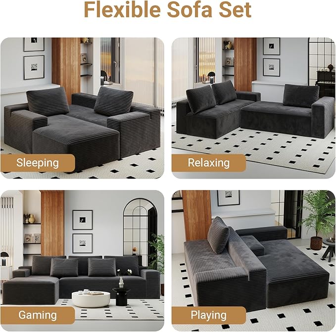 KAPEETOO Modular Sectional Sofa Cloud Couch with Chaise Longue, Left L Shaped Boneless Couch with Deep Seat, Oversize 3-Seater Boneless Sofa Set for Living Room Bedroom (Grey)