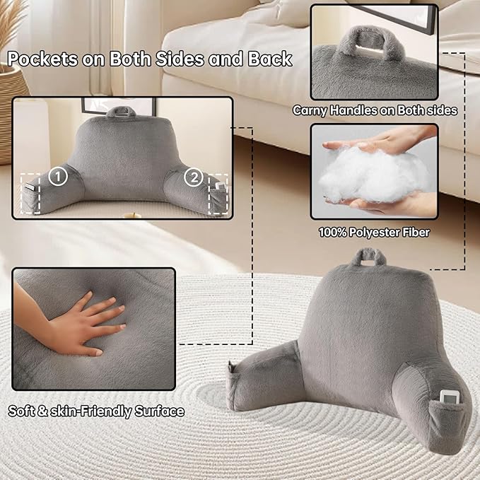 PAJEO Reading Pillow for Sitting in Bed, Large Backrest Reading Pillow with Arm Rest,Back-Rest Support Cushion for Sit Up on Couch, Sofa, and Floor, Dorm Essentials (Gray Faux Fur, Standard(17"))