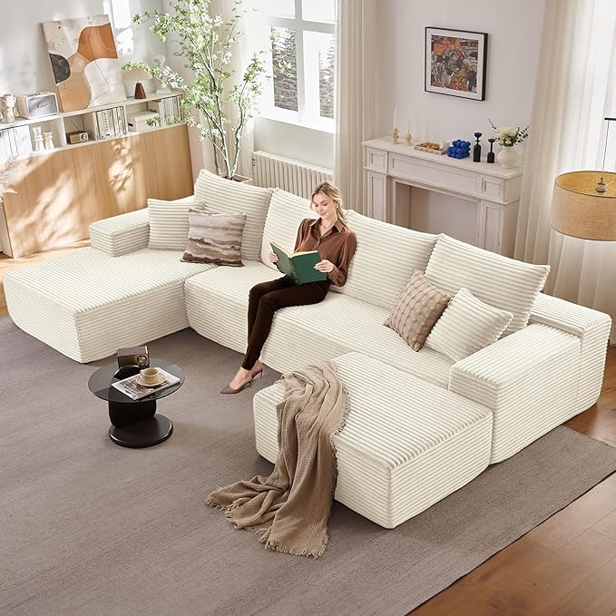 135.4" W Cloud Sectional Couch with Ottoman,Modern U-Shaped Cloud Couch with Deep Seat,Comfy Corduroy 4-Seater Sofa,Memory Foam Sofa for Living Room,No Assembly (White,Right-Facing Chaise)