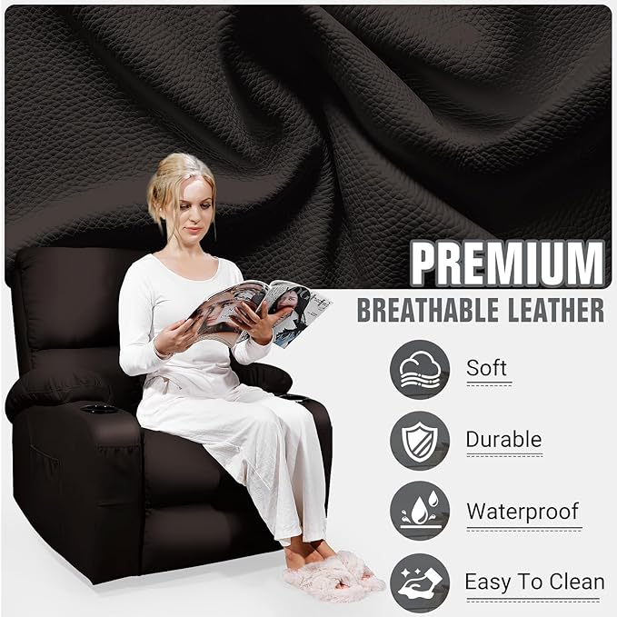 LAFWELL Rocking Recliner Chair, Massage Rocker Recliner Chair with Vibration Massage and Heat, USB and Type-C Ports,360° Swivel Faux Leather Chairs, Living Room, Bedroom, Nursery, RV, Brown