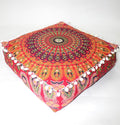 CRAFT KALA Red Peacock Large Hippie Mandala Meditation Floor Ottoman Pillow Cushion Pouf Cover Square Poufs Bohemian Circle Floor Cushion Case Outdoor Fireplace Yoga Living Room Decor Cover 16" Square