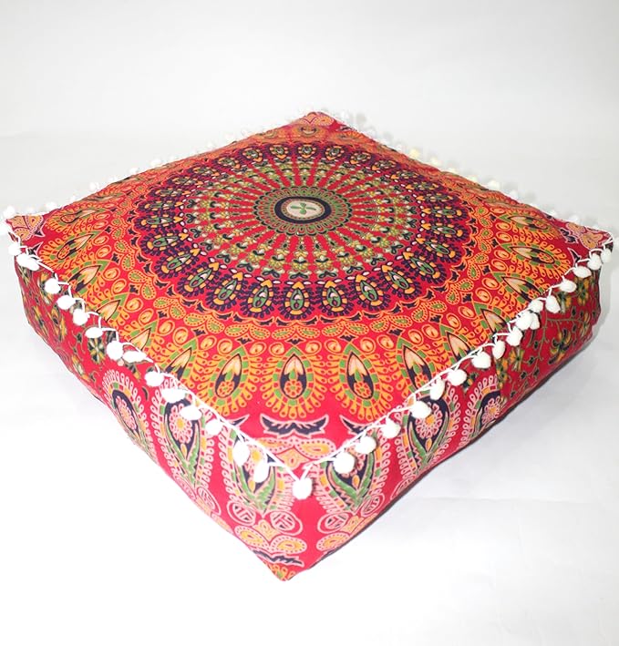 CRAFT KALA Red Peacock Large Hippie Mandala Meditation Floor Ottoman Pillow Cushion Pouf Cover Square Poufs Bohemian Circle Floor Cushion Case Outdoor Fireplace Yoga Living Room Decor Cover 18" Square