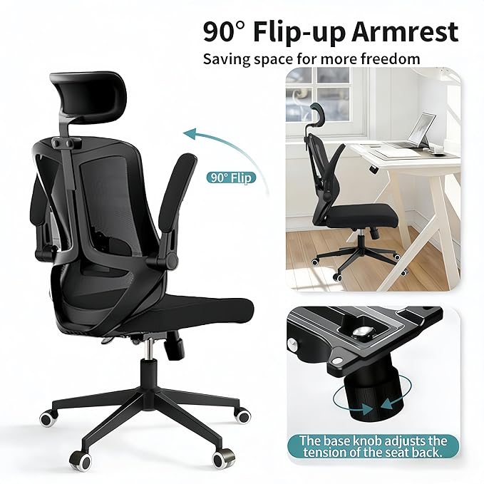 Ergonomic Office Chair - 400LB Comfy Desk Chairs with Adjustable Headrest and Lumbar Back Support, Mesh Computer Chairs with Wheels and Arms for Home Office, Study (Black-with Headrest)