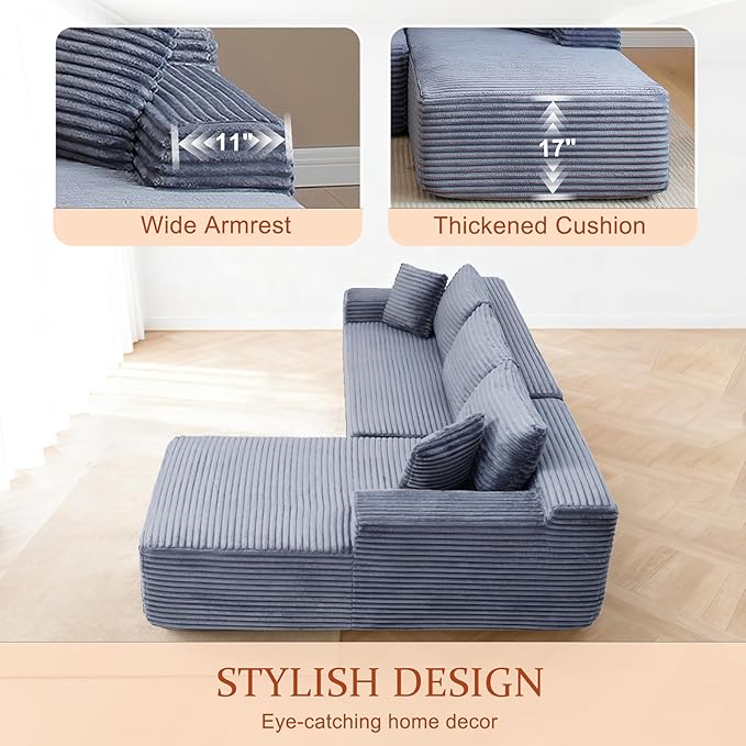 HYJT-H&K Modular Sectional Sofa Cloud Sectional Couch, 95" Comfy Fluffy L Shaped Grey Couches for Living Room, Deep Seat Memory Foam Plush Corduroy Boneless Couch Sectionals Right Facing Chaise Sofa