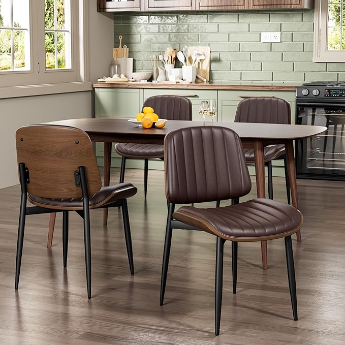 Dining Chairs Set of 8, Mid-Century Modern Upholstered PU Leather Chairs with Walnut Bentwood Back and Metal Legs Adjustable Feet for Kitchen Dining Living Room, Dark Brown Vertical Stripes