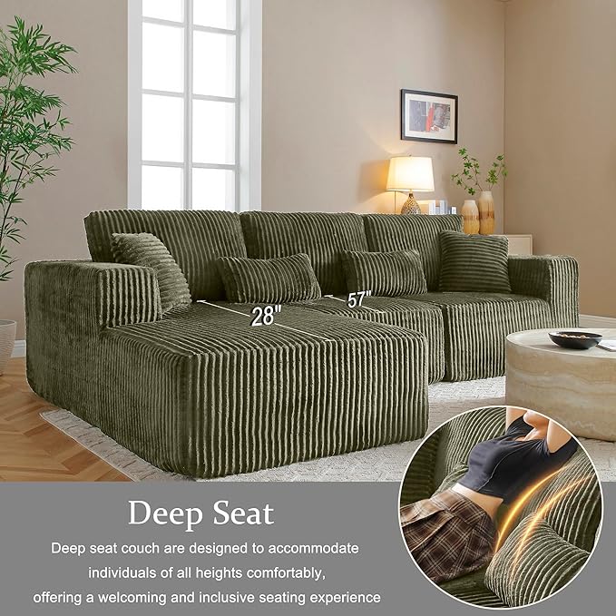Modular Sectional Sofa Cloud Sectional Couch, 107" Comfy Fluffy L Shaped Olive Green Couches for Living Room, Deep Seat Memory Foam Plush Corduroy Boneless Couch Sectionals Left Facing Chaise Sofa