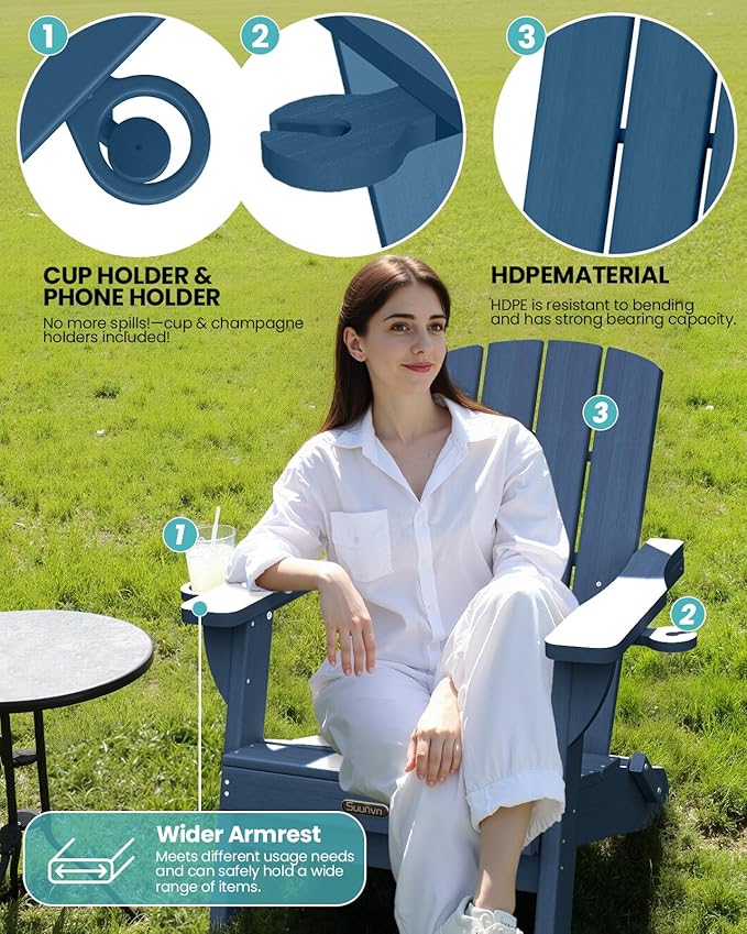 Folding Adirondack Chair 2 Pack, HDPE All-Weather Fire Pit Chairs, Plastic Adirondack Chairs with 2 Cup Holder, Outdoor Lawn Chair for Patio Garden (New Blue)