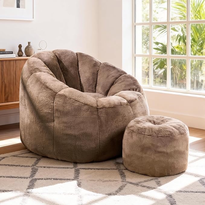 Pumpkin Shaped Bean Bag Chair with Ottoman, Gaint Bean Bag Chair for Adults, Faux Rabbit Fur Comfy BeanBag Floor Sofa Chair for Reading, Playing, Relaxing, Brown