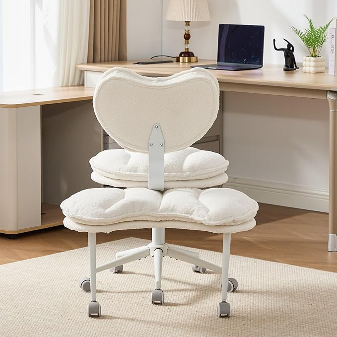 Cross Legged Chair with Footrest, Plus Size Criss Cross Office Chair with Memory Foam Cushion, Armless Swivel Desk Chair with Wheels, Cozy Active Sitting Chair for Home Office & Bedroom,Teddy Fleece