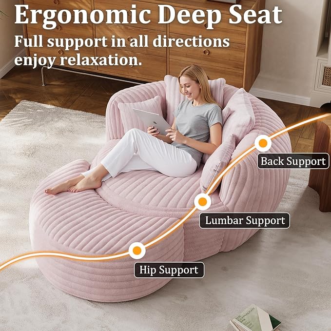 50" W Oversized Round Chaise Lounge Chair with Ottoman Indoor Boneless Plush Fluffy Corduroy Circle Couch Soft Comfy Cozy Cloud Reading Chair for Living Room, Playroom, Bedroom - Pink