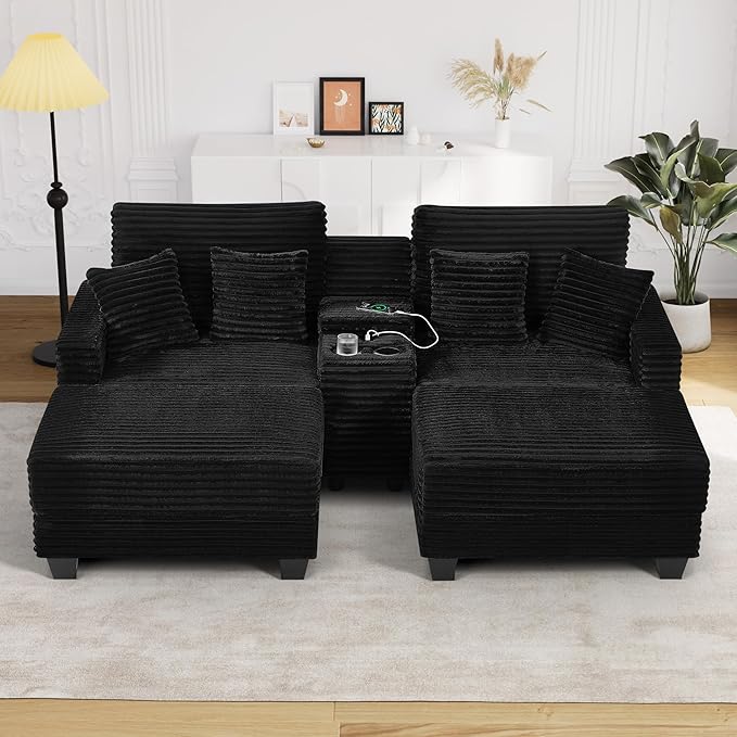 Oversized Chaise Lounge Chair Indoor with Storage & USB, Cup Holder & Ottoman, Firm Solid Wood Frame with Long Service Life Corduroy Oversized Lounge Reading Chair for Large Study Room - Jet Black