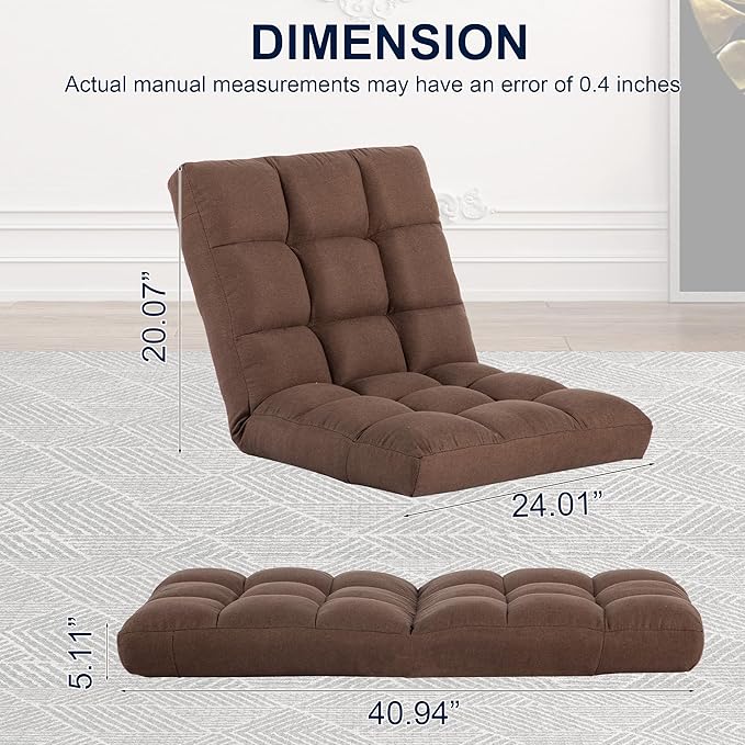 Folding Floor Chair with Back Support, Adjust Lay Flat Recliner Oversized Lounge Wide Lazy Boy Gaming Ergonomic Single Sofa Seat for Living Room Bedroom(Brown)