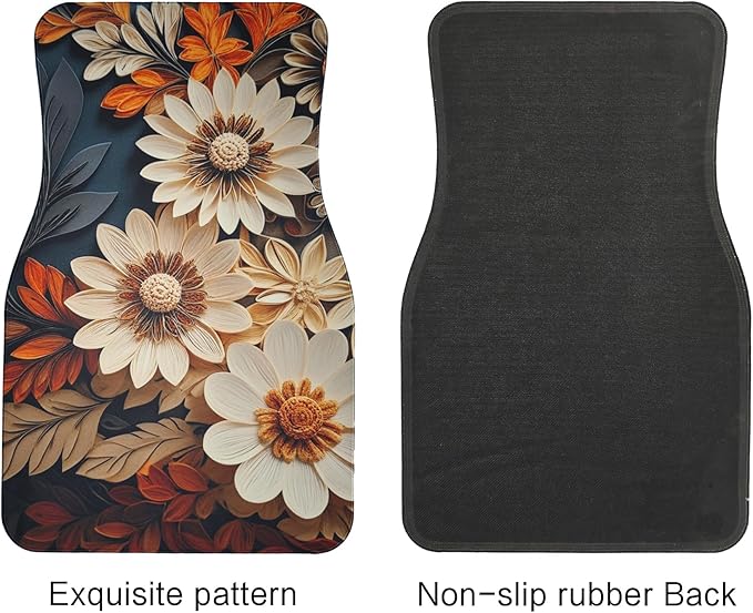 Artistic Fabric Car Floor Mats-Non-Slip Rubber Backing,Flower,Front (26.8x17.3in) & Rear (13x17.3in) Set-Water Absorbing, Durable Automotive Floor Liners with Stylish Patterns
