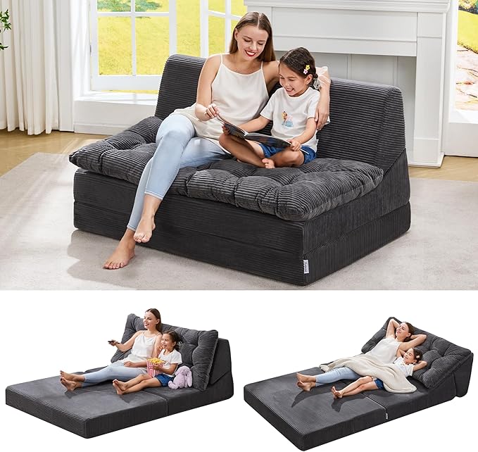 Hobestluk Sofa Couch Folding Sofa Bed Sleeper Comfy Floor Lounger Loveseat Sofa with Removable Cushion Couches Foldable Mattress for Living Room Bedroom or Office (Cordury Grey, Oversize)