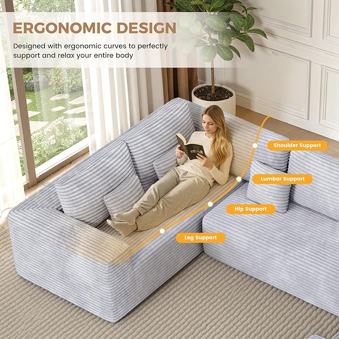 136'' Large Sectional Cloud Couches with Chaise, U Shaped Boneless Sofa Bed with Ottoman, No Assembly Required Deep Seat Modular Lounge for Living Room 4PCS Set, Bedroom(Light Grey)
