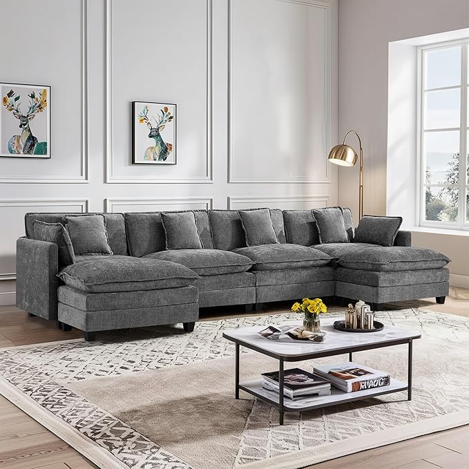 UMBFUN 4-Seater Cloud Couch with 2 Ottomans, Extra-Large Modular Sectional U Shaped Sofa with Deep Seat Cushions, Chenille Couch for Living Room, Grey