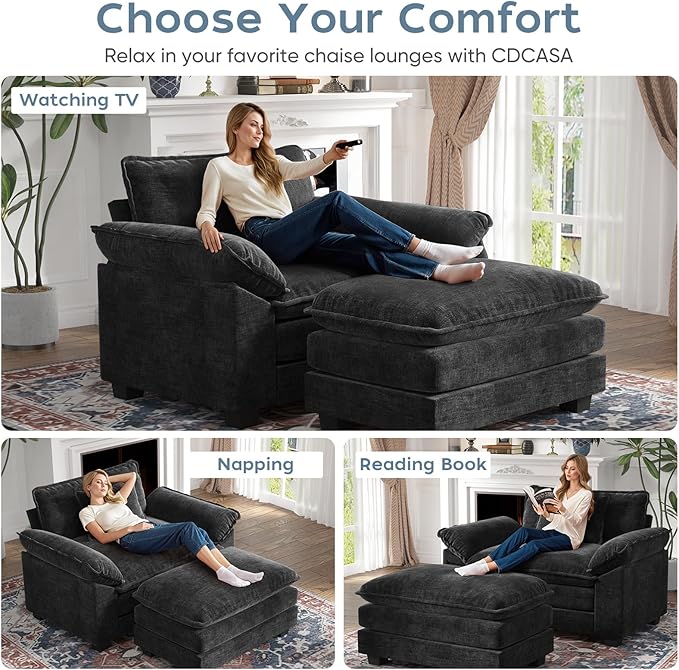 CDCASA 50'' Oversized Chair with Movable Ottoman, Chenille Comfy Cloud Sofa Accent Chair w/Large Seat and Armrests, Modern Extra Wide Armchair Reading Chairs for Living Room, DIY Combination, Black