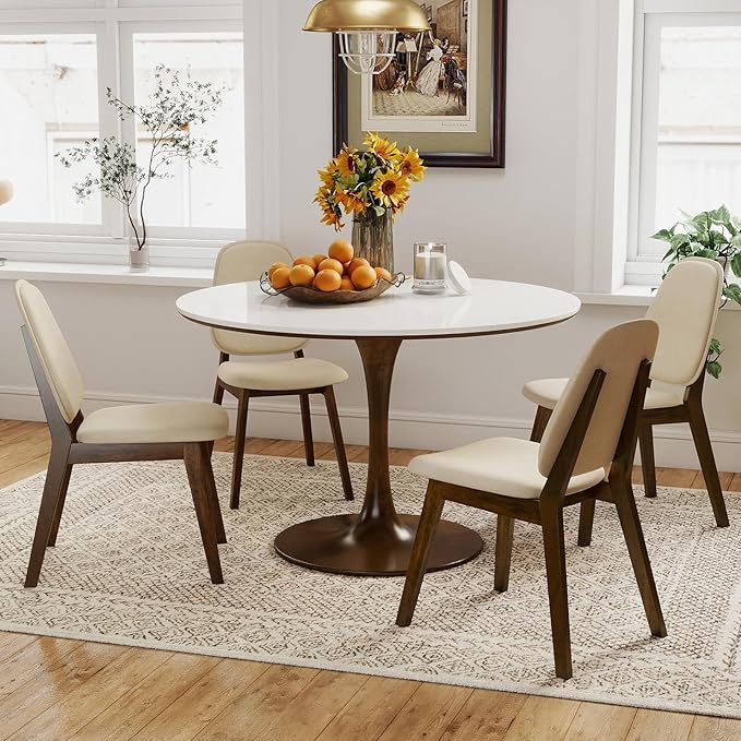 Giantex Wooden Dining Chairs Set of 2, Linen Fabric Upholstered Dining Room Chairs w/Rubber Wood Frame, Padded Seat, Curved Back, Mid-Century Modern Kitchen Side Chair for Home Living Room